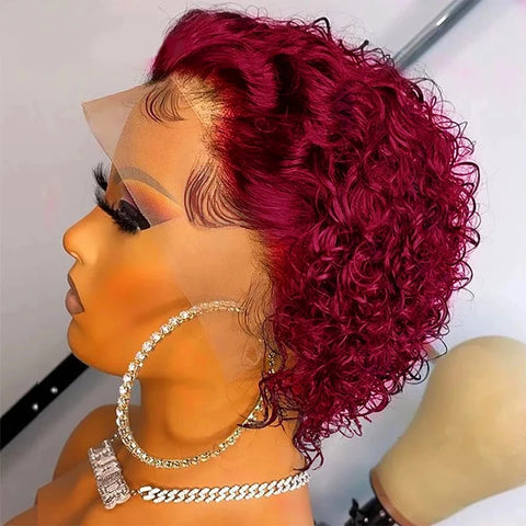 Image of Pixie Cut Wig 99J Color Lace Wig Spring curl Short Bob Human Hair Wig For Women Natural Black Color Blonde Jarin Hair Cheap Wig-FrenzyAfricanFashion.com