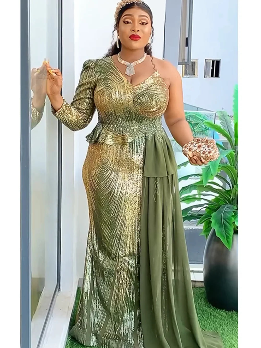 Gold Sequin Long Women Party Dress Outfits One Hand Long sleeve-FrenzyAfricanFashion.com