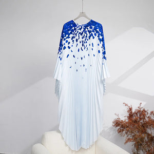 Pleated Dress For Women Fashion Printed Round Neck Batwing Sleeves Elegant Dresses Female Clothing-FrenzyAfricanFashion.com