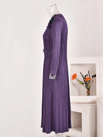 Image of Waist Pleated Dress For Women V-neck Long Sleeves Designer Spliced Dresses-FrenzyAfricanFashion.com