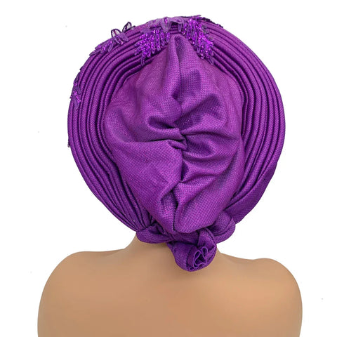 Image of Embroidery Flower African Autogele Headtie Women's Fashion Turban Cap Wedding Gele Party Headpiece Nigeria Female Head Wraps-FrenzyAfricanFashion.com