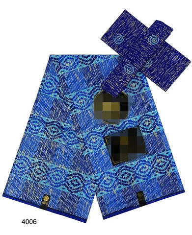 Image of Blue Kente Wax Print Fabric Cotton Ankara African Fabric gold 6 Yards-FrenzyAfricanFashion.com