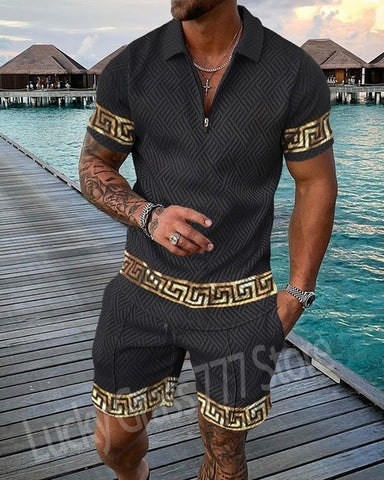 Image of Summer Mens Polo Shirts with Short Sleeve 3D Trend Luxury Golf T Shirt Black Faashion Blouse Short Pants Tracksuit 2 Pieces Sets-FrenzyAfricanFashion.com