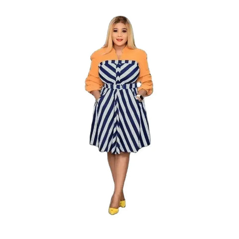 Image of New Style African Plus Size Women's Stand-up Collar Puff Sleeve Big Hem Printed Dress with Pocket-FrenzyAfricanFashion.com