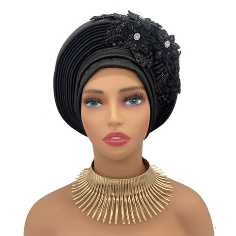 Image of Embroidery Flower African Autogele Headtie Women's Fashion Turban Cap Wedding Gele Party Headpiece Nigeria Female Head Wraps-FrenzyAfricanFashion.com