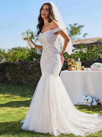 Image of Elegant Wedding Dresses Off Shoulder Sleeveless Floor Length-FrenzyAfricanFashion.com