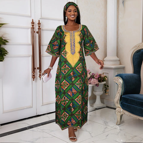 Image of H&D New African Dresses For Women Embroidery Bazin Floral Boho Dresses Ankara Rich Long Robes Nigeria Party Wedding Ramadan 2024-FrenzyAfricanFashion.com