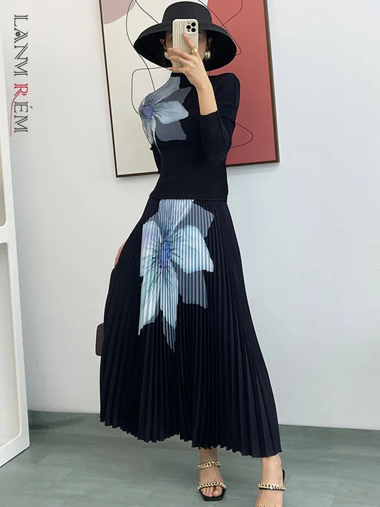 Elegant Fashion Printed Pleated 2 Pieces Set Women Turtleneck Slim Tops With High Waist Mid Length Skirts-FrenzyAfricanFashion.com