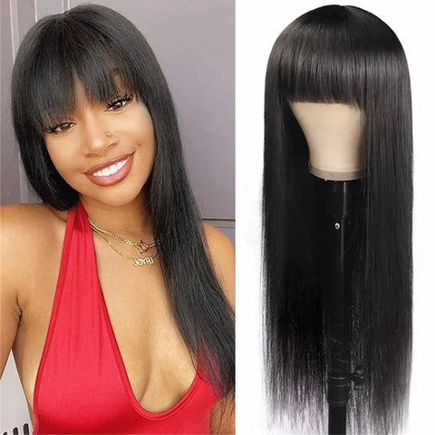 Image of Silky Wig Human Hair Full Machine Made Straight 100% Human Hair Wigs With Bangs For Women Brazilian Cheap Wig On Sale Clearance-FrenzyAfricanFashion.com