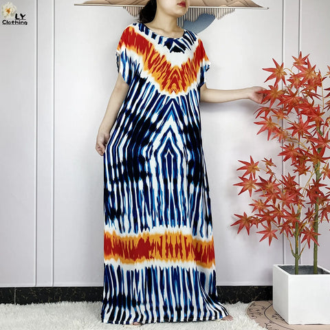 Image of Short Sleeve African Dashiki Tie-dyed Cotton Abaya Caftan Casual Dresses With Big Scarf-FrenzyAfricanFashion.com