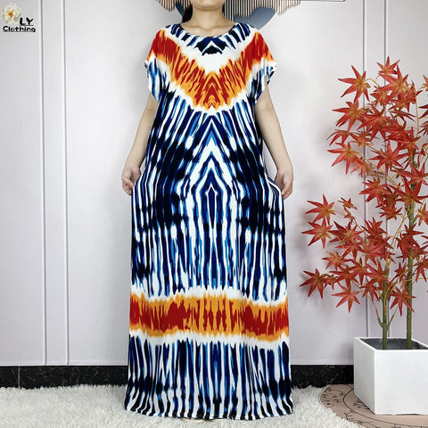 Image of Short Sleeve African Dashiki Tie-dyed Cotton Abaya Caftan Casual Dresses With Big Scarf-FrenzyAfricanFashion.com