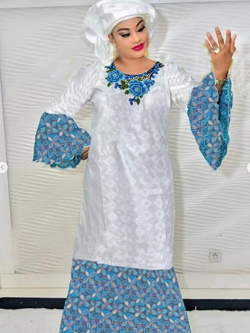 Image of Bazin Dress Set with Headscarf - Elegant Bazin Riche Robe and High-Quality Bazin Brode Evening Gown for Stylish Women-FrenzyAfricanFashion.com