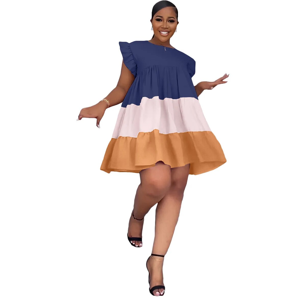 plus size Round Neck Ruffled Sleeve Contrast Panel Swing Loose Women's Dress-FrenzyAfricanFashion.com