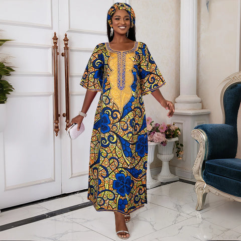 Image of H&D New African Dresses For Women Embroidery Bazin Floral Boho Dresses Ankara Rich Long Robes Nigeria Party Wedding Ramadan 2024-FrenzyAfricanFashion.com