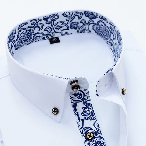 Image of Blue-and-white Porcelain Collar Shirt Men Long Sleeve SlimFit Casual Business Dress Shirts Solid Color White Shirt Cotton-FrenzyAfricanFashion.com