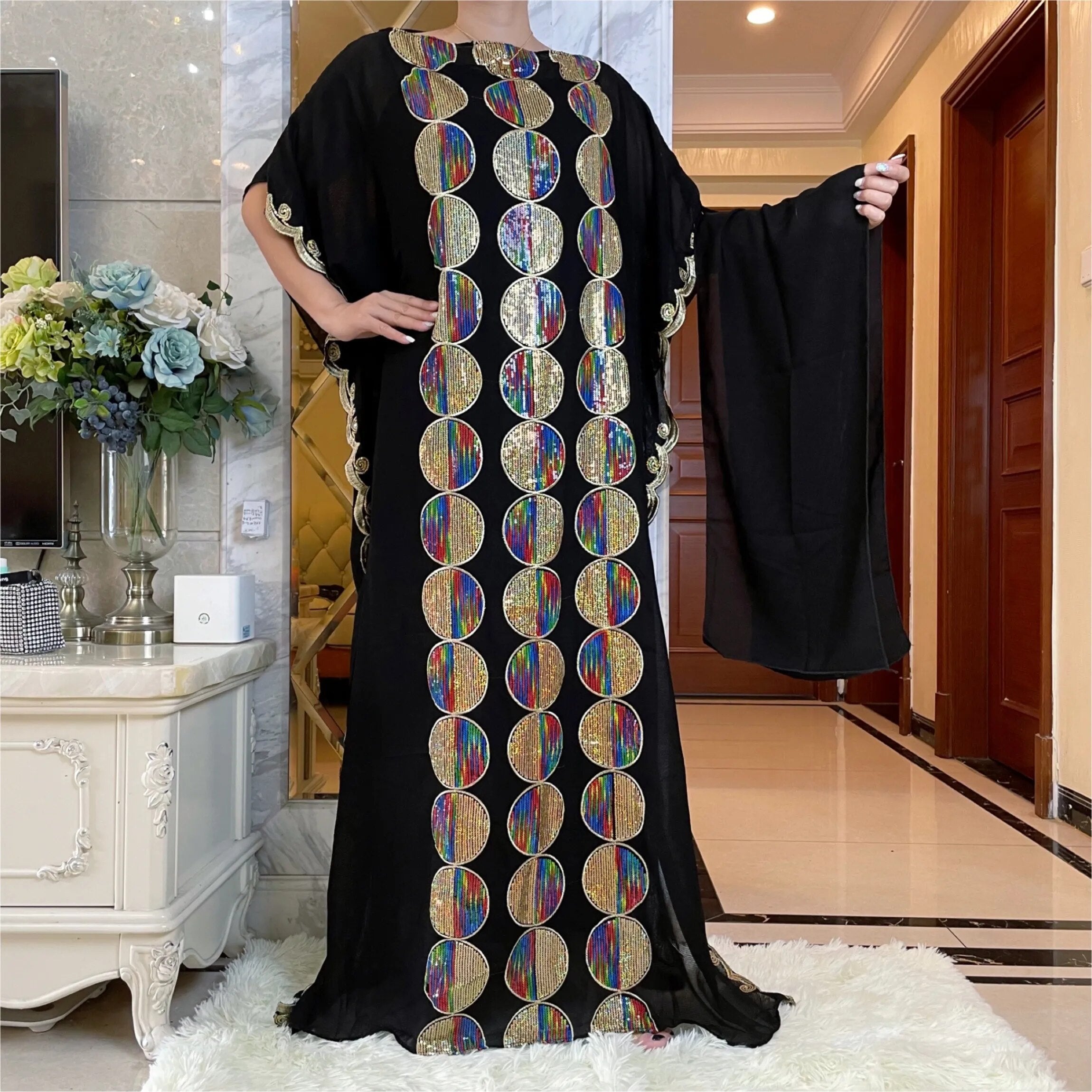 Women Abaya African Embroidery Flower Dress With Scarf-FrenzyAfricanFashion.com