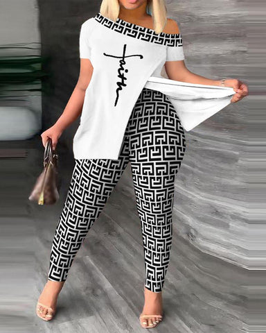 Image of Suit Sexy Off Shoulder Split 2023 Summer Fashion Casual Short Sleeve Loose Top + Tight Pants 2-piece Set S-XXXL-FrenzyAfricanFashion.com