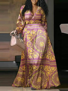 Bohemian Maxi Dress Women Vintage Printed Party Long Sundress Casual V-Neck Loose Lantern Sleeve Satin Robe Belted-FrenzyAfricanFashion.com