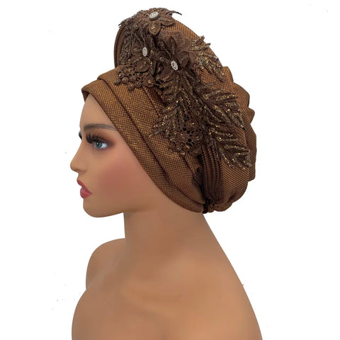 Image of Embroidery Flower African Autogele Headtie Women's Fashion Turban Cap Wedding Gele Party Headpiece Nigeria Female Head Wraps-FrenzyAfricanFashion.com