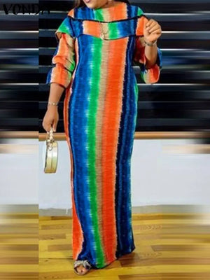 VONDA Elegant Maxi Dress 2023 Women Long Sleeve Ruffled Sundress Fashion Vintage Printed Loose Robe Casual Bohemian Vestidos-FrenzyAfricanFashion.com