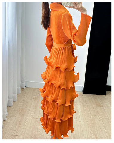 Image of Pleated Wood Ear Edge Maix Dress for Women's w Vintage Cake Skirt Spliced Lapel Mid Length Dress-FrenzyAfricanFashion.com