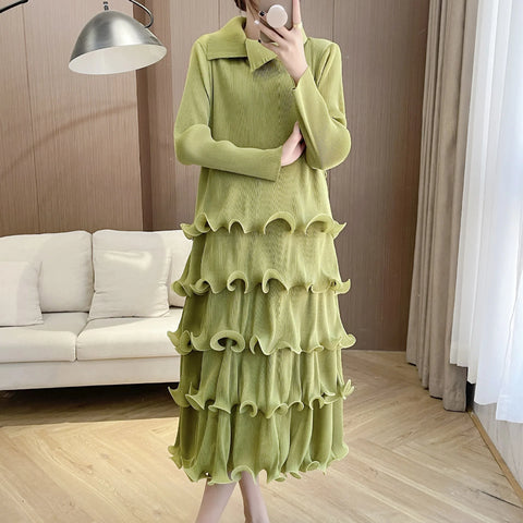 Image of French Long Sleeve Lapel Ruffle Dress Belt Pleated Fashion Loose Clothing-FrenzyAfricanFashion.com