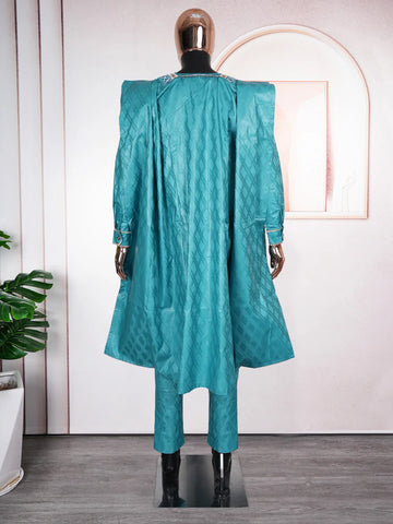 Image of Formal Attire Bazin Riche Dashiki Green Shirt Pants Robe Suit Agbada-FrenzyAfricanFashion.com