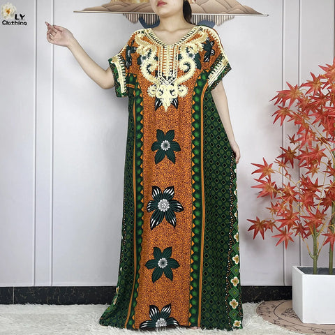 Image of Women Floral Dress African Dashiki Kaftan Short Sleeve Women Casual Hijab Dress-FrenzyAfricanFashion.com