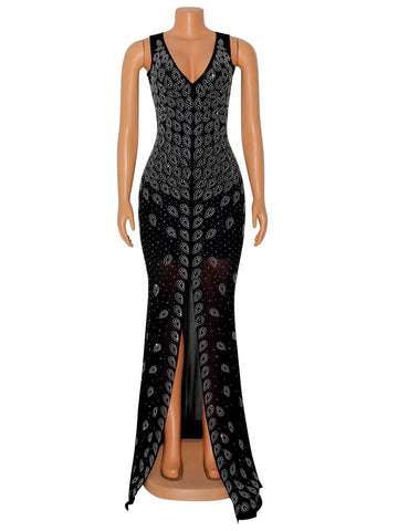 Image of Women Sexy V-Neck Sheer Mesh Rhinestone Decor Tight Mermaid Dress-FrenzyAfricanFashion.com