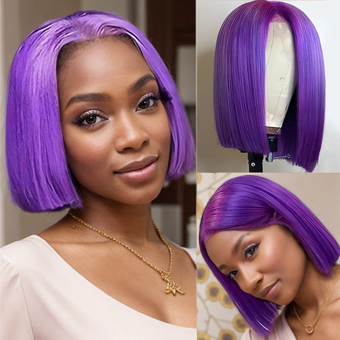 Image of Short Bob Wig 180% Dark Purple Lace Front Human Hair Wigs For Women 13x4 Lace Frontal Wig Colored Straight Bob Lace Front Wigs-FrenzyAfricanFashion.com