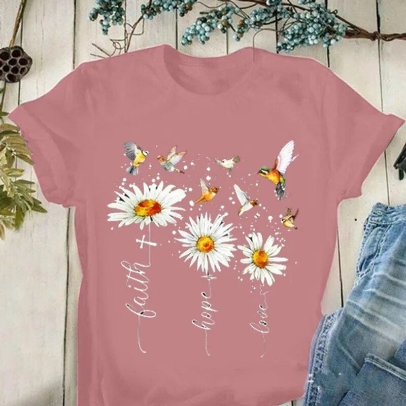 Faith Hope Love Daisy Print T Shirt Women Short Sleeve O Neck Loose-FrenzyAfricanFashion.com