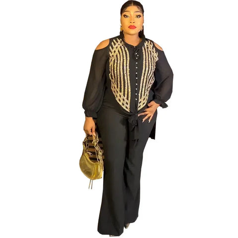 Image of Casual Pant Sets 2 Piece Women Long Sleeve Sequins Blouses Tops And Straight Pants Suits Outfits Two Piece Matching Set Outfit-FrenzyAfricanFashion.com