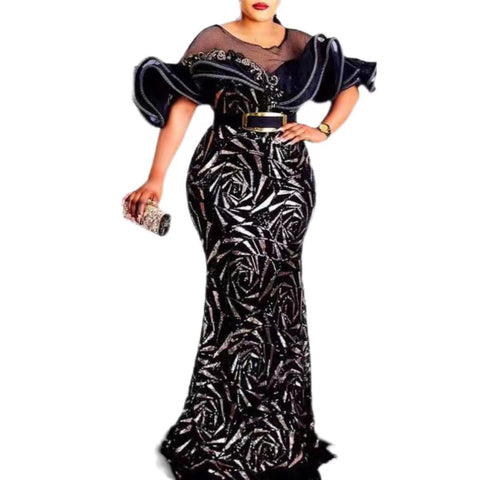 Image of 2023 Spring Summer Elegant African Women Short Sleeve Sequined Wedding Party Long Dress African Dresses for Women Maxi Dress-FrenzyAfricanFashion.com