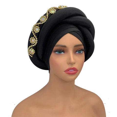 Image of Twisted Braid Turban Cap for Women African Lady Head Wraps Diamonds Nigeria Raw Silk Autogele Headtie Muslim Hat Party Headwear-FrenzyAfricanFashion.com