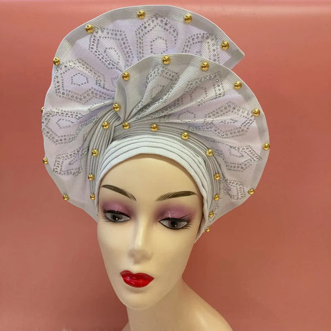 Image of Fahion High Quality Nigerian Gele Headtie Aso Oke Gele Already Made Auto Gele Aso Ebi Headtie African Turban with Bead Z1113-1-FrenzyAfricanFashion.com