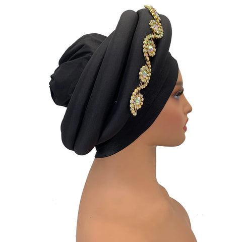 Image of Twisted Braid Turban Cap for Women African Lady Head Wraps Diamonds Nigeria Raw Silk Autogele Headtie Muslim Hat Party Headwear-FrenzyAfricanFashion.com