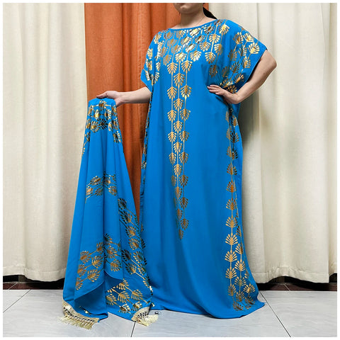 Image of Women Dubai Stretch Print Loose Fit Elegant Dresses Caftan Moroccan Robe With Headscarf-FrenzyAfricanFashion.com