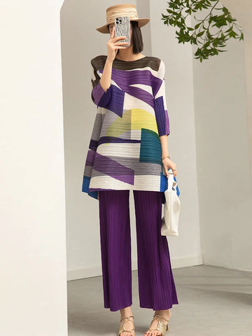 Image of 2 Pieces Sets For Women Loose Long Color Block Shirt With Wide Leg Pants Female Fashion Clothing-FrenzyAfricanFashion.com