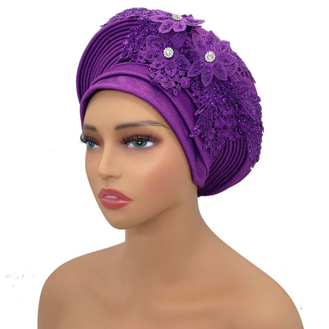 Image of Embroidery Flower African Autogele Headtie Women's Fashion Turban Cap Wedding Gele Party Headpiece Nigeria Female Head Wraps-FrenzyAfricanFashion.com