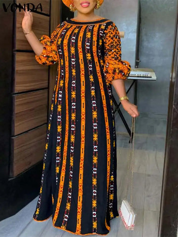 Image of Plus Size 5XL VONDA Autumn Women Long Maxi Sundress O-Neck Printed Casual Bohemian Robe Female Lantern Sleeve Party Vestido-FrenzyAfricanFashion.com