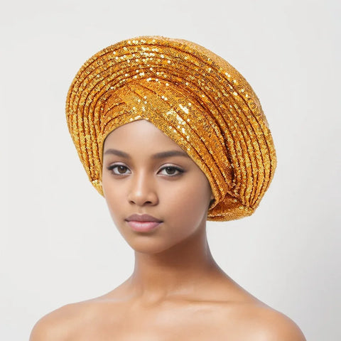 Image of Sequins Auto Gele Headtie African Women's Head Wraps Fashion Turban Cap Nigeria Wedding Geles Already Made Head Ties Headpiece-FrenzyAfricanFashion.com