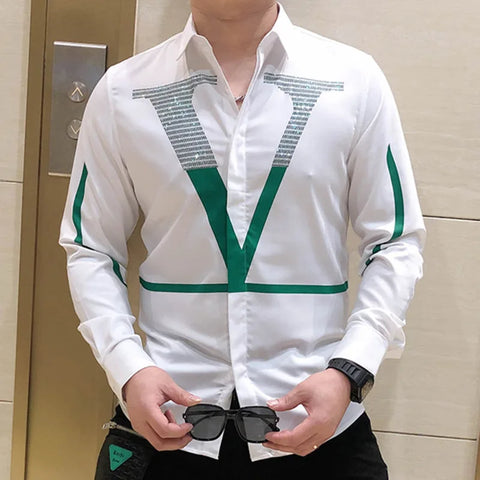 Image of European Fashion Letter Print Shirt Men Fashion Rhinestones Long Sleeve Dress Shirt Men-FrenzyAfricanFashion.com