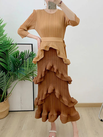 Image of Color Block Patchwork Pleated Dress Women Elegant Round Neck Long Sleeves Belt Dresses-FrenzyAfricanFashion.com