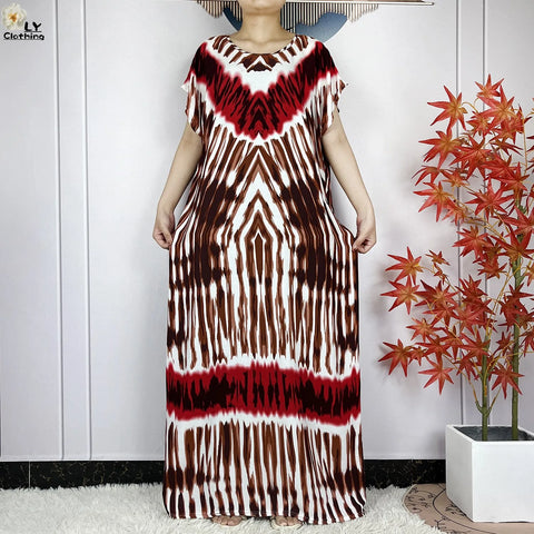 Image of Short Sleeve African Dashiki Tie-dyed Cotton Abaya Caftan Casual Dresses With Big Scarf-FrenzyAfricanFashion.com