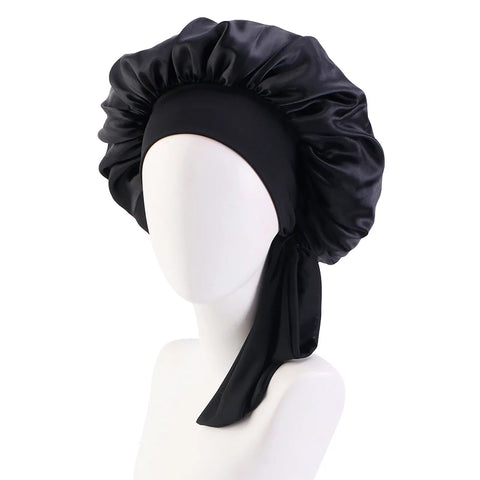 Image of Satin Solid Sleeping Hat with Stretchy Tie Band Elastic Night Shower Cap Adjustable Hair Head Cover Bonnet turban-FrenzyAfricanFashion.com