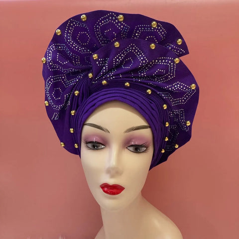 Image of Fahion High Quality Nigerian Gele Headtie Aso Oke Gele Already Made Auto Gele Aso Ebi Headtie African Turban with Bead Z1113-1-FrenzyAfricanFashion.com