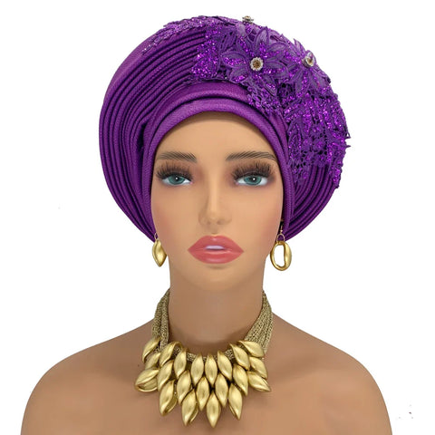 Image of Embroidery Flower African Autogele Headtie Women's Fashion Turban Cap Wedding Gele Party Headpiece Nigeria Female Head Wraps-FrenzyAfricanFashion.com