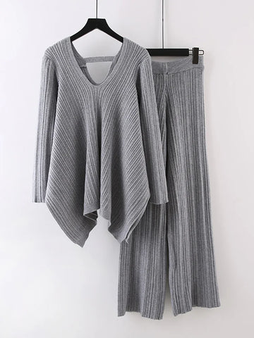 Image of Irregular Knitted 2 Piece Set Women's V-neck Backless Long Sleeves Solid Sweater High Waist Wide Leg Trousers-FrenzyAfricanFashion.com