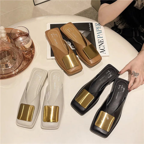 Image of Women Slippers Mules Flat Heels Square Toe Shallow Shoes Outdoor Slide Casual Sandal-FrenzyAfricanFashion.com