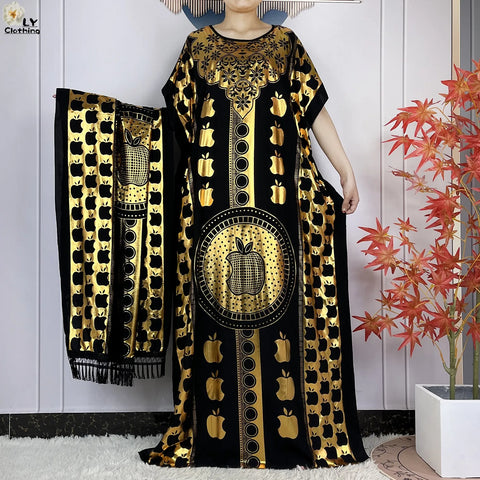 Image of Luxury Party Black and Gold Dress With Big Scarf Boubou Maxi Women Abaya Clothing-FrenzyAfricanFashion.com